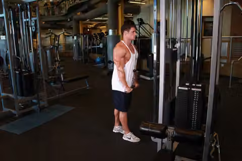 Demonstrasi gerakan Triceps Pushdown.